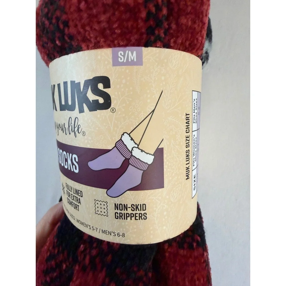 Muk Luks Cabin Socks 2 Pack Red Buffalo Plaid Snowflake Faux Fur Lined S/M